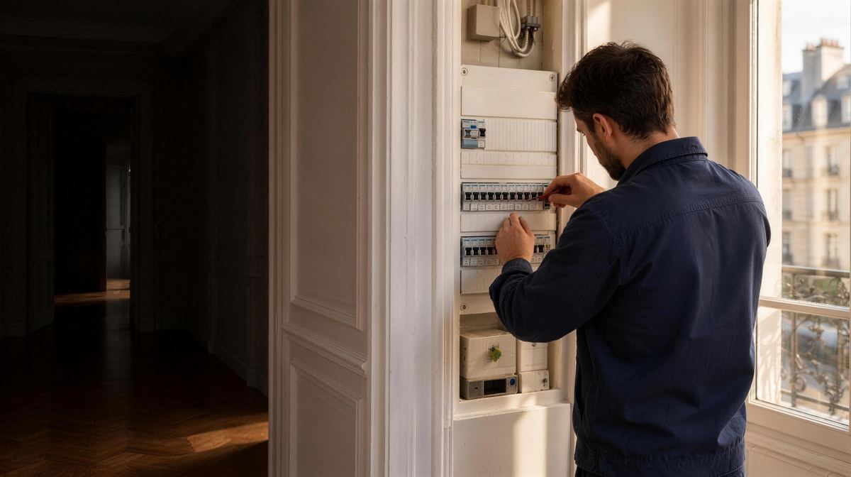 Électricien au travail sur un tableau électrique dans un appartement ancien