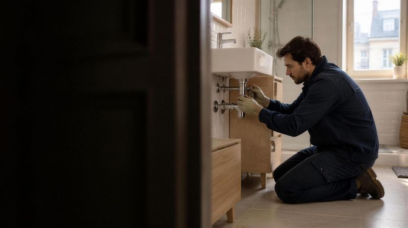 Plombier raccordant l'évacuation d'un lavabo dans une salle de bain rénovée